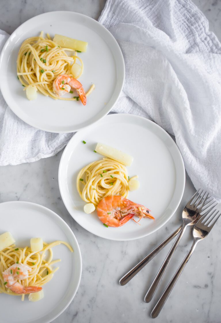 Recept Witte asperges met garnalen en pasta