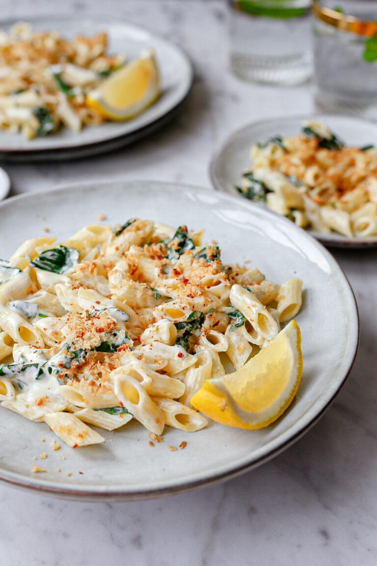 romige citroenpasta met spinazie vegan